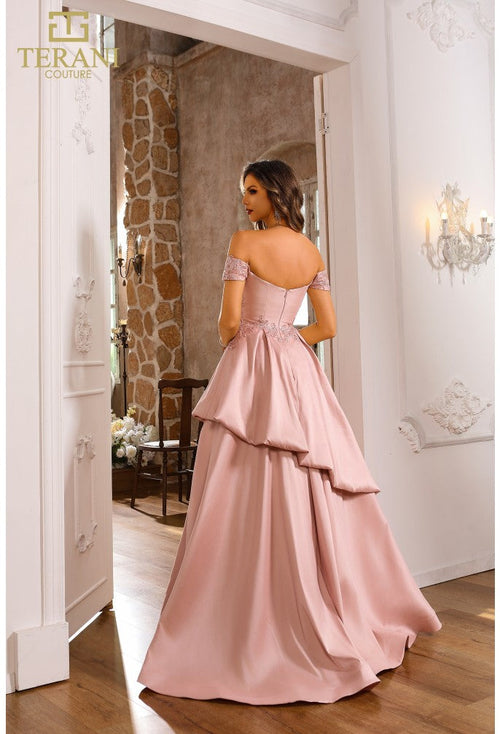 Terani Couture 251M4062 Prom Homecoming Off-Shoulder BallDress Long Blush Satin Dress