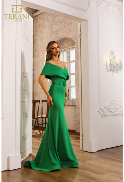 Terani Couture 251M4260 Evening Prom Off-Shoulder Short Formal Emerald Neoprene Dress
