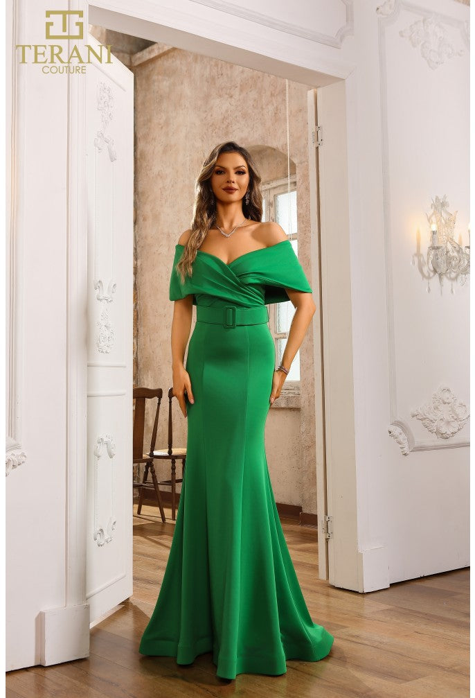 Evening Prom Off-Shoulder Short Formal Emerald Neoprene Gown 251M4260 by Terani Couture