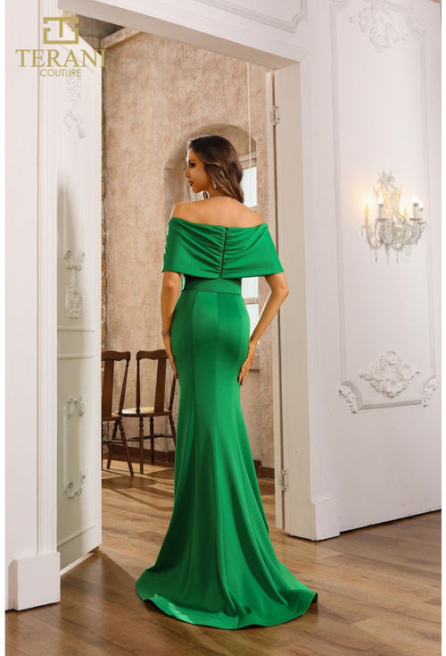 Terani Couture 251M4260 Evening Prom Off-Shoulder Short Formal Emerald Neoprene Dress
