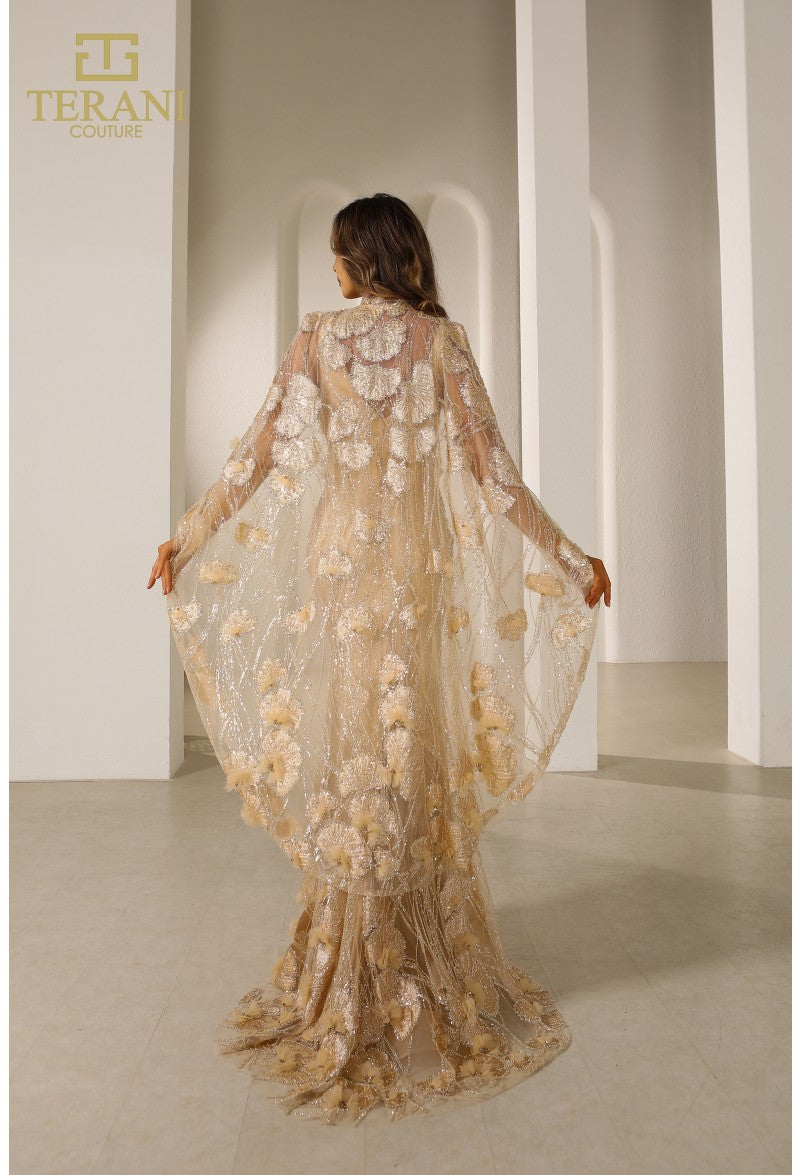 Terani Couture 251m4326 Vestido de noche ajustado con cuentas y capa floral 3D