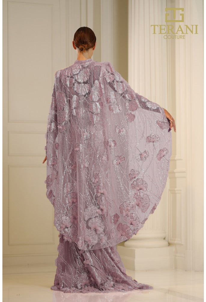 Terani Couture 251m4326 Vestido de noche ajustado con cuentas y capa floral 3D