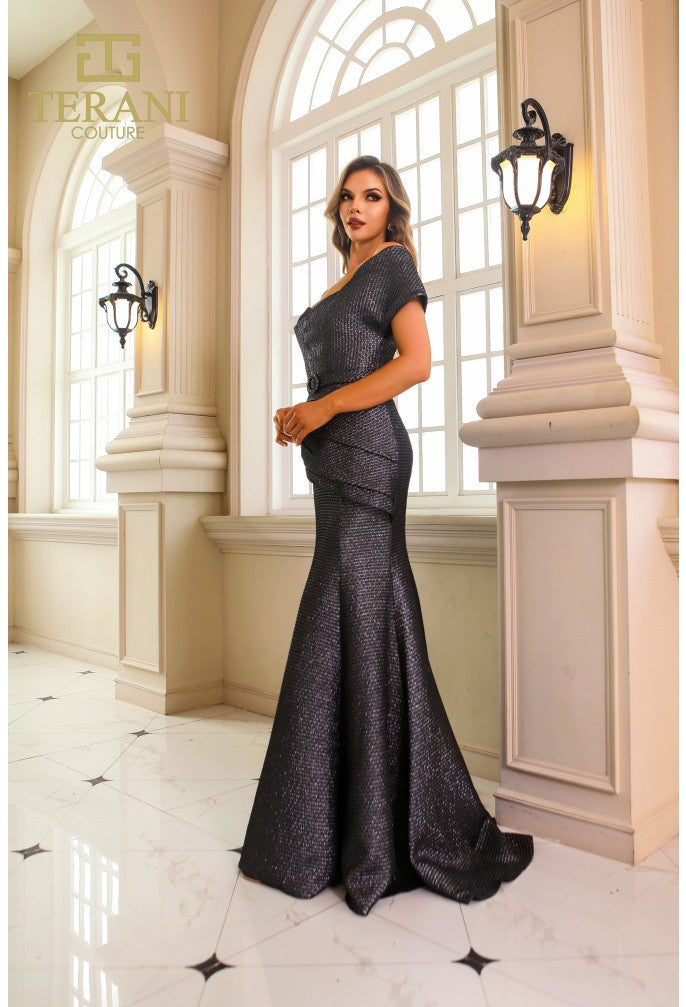 Vestido de corte trompeta en jacquard sin mangas asimétrico Terani Couture 251m4401 