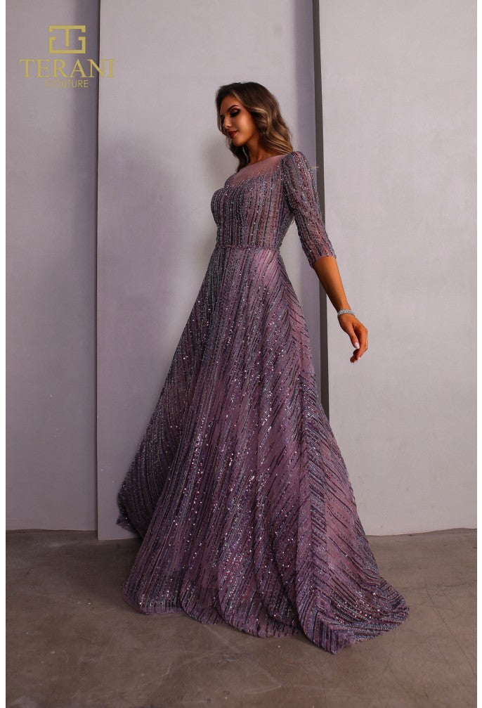 Terani Couture 251m4409 Illussion Neck Beaded Tulle Long Sleeves Ballgown