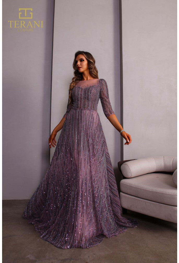 Terani Couture 251m4409 Illussion Neck Beaded Tulle Long Sleeves Ballgown