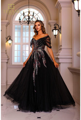 Terani Couture 251M4411 Sophisticated Elegant Off-Shoulder Formal Beaded Tulle Dress
