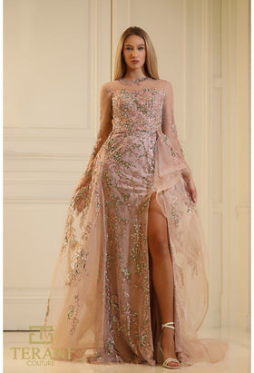 Terani Couture 251M4412 Formal Prom Slit Long Sleeve Rose Evening Beaded Tulle Dress