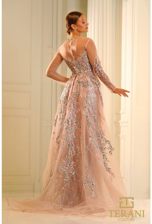 Terani Couture 251M4412 Formal Prom Slit Long Sleeve Rose Evening Beaded Tulle Dress