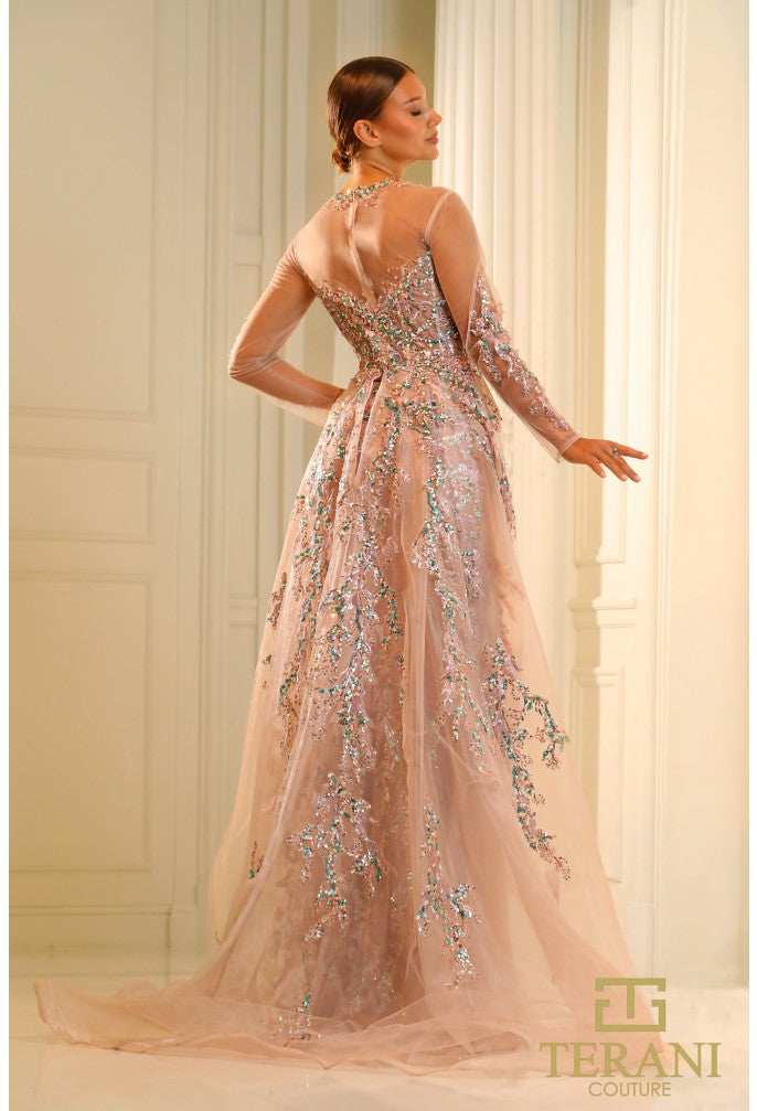 Vestido de fiesta formal con cuentas y manga larga Terani Couture 251M4412
