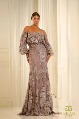 Terani Couture 251M4414 Glamorous Evening Off-Shoulder Long Formal Beaded Tulle Dress