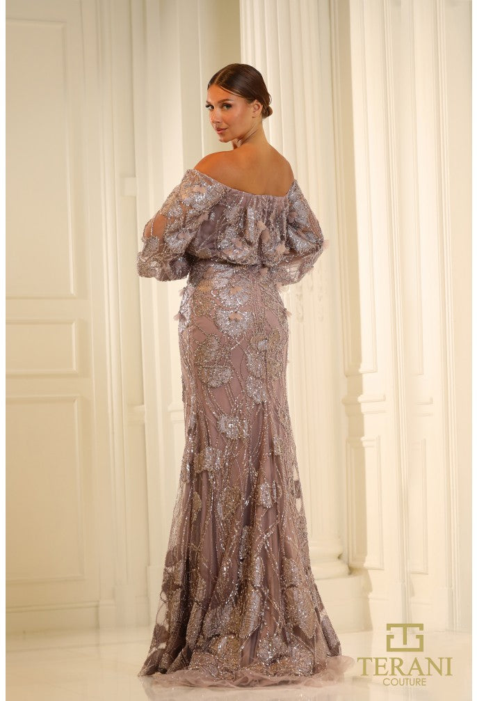 Terani Couture 251M4414 Beaded Long Evening Gown with Puff Sleeve