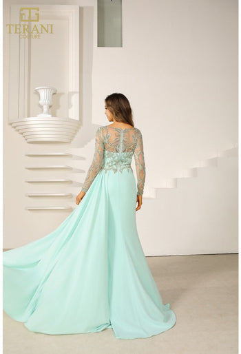 Terani Couture 251M4420 Vestido de noche formal de manga larga con apliques de cuentas