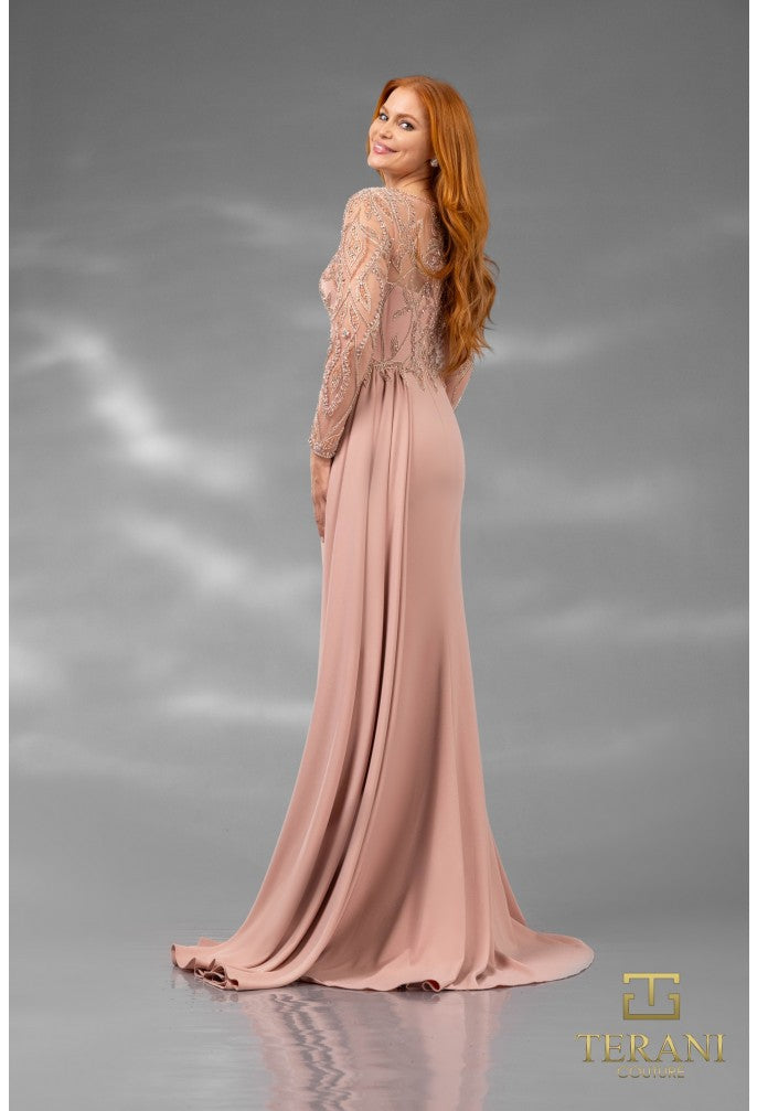 Terani Couture 251M4420 Vestido de noche formal de manga larga con apliques de cuentas