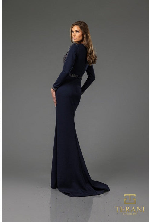 Terani Couture 251m4422 Assyemtric Full Sleeves Sheath Long Dress