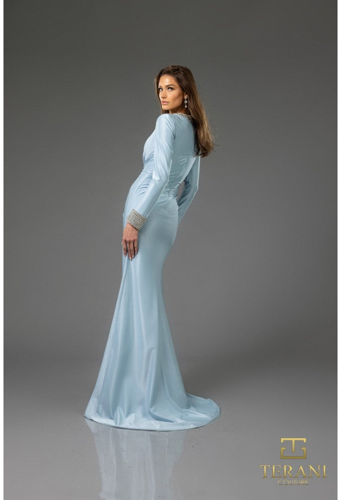 Terani Couture 251M4433 Long Metallic Formal Evening Gown with Sleeves
