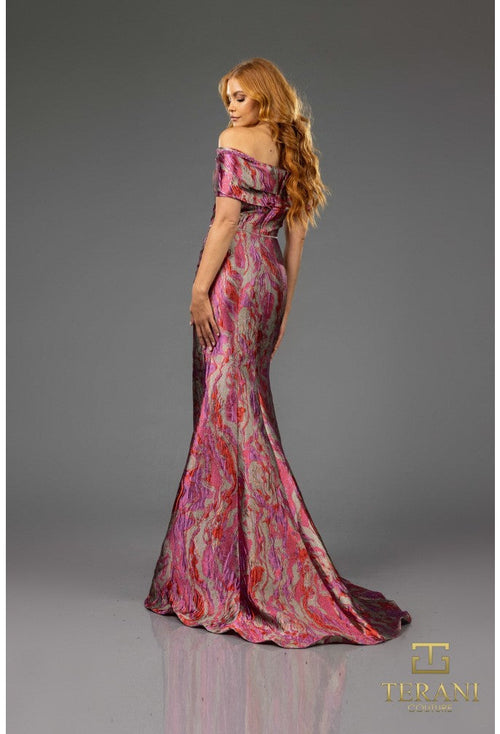 Vestido largo con hombros descubiertos y mangas cortas Terani Couture 251m4434