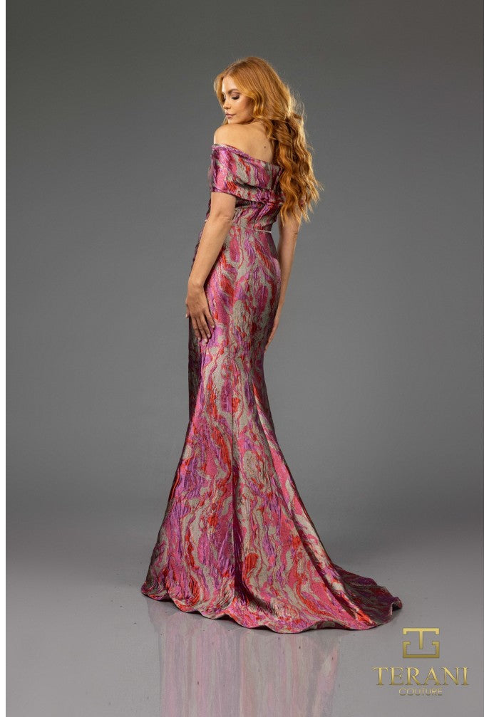 Vestido largo con hombros descubiertos y mangas cortas Terani Couture 251m4434