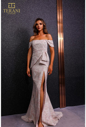 Terani Couture 251M4435 Elegant Off-Shoulder Sheath Cap Sleeve Formal Jacquard Dress
