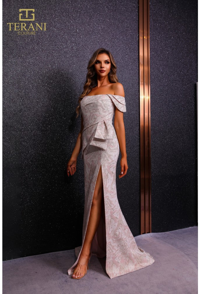 Terani Couture 251M4435 Elegant Off-Shoulder Sheath Cap Sleeve Formal Jacquard Dress