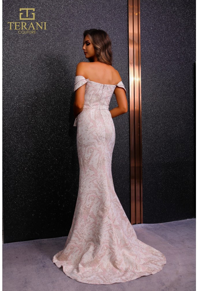 Terani Couture 251M4435 Elegant Off-Shoulder Sheath Cap Sleeve Formal Jacquard Dress