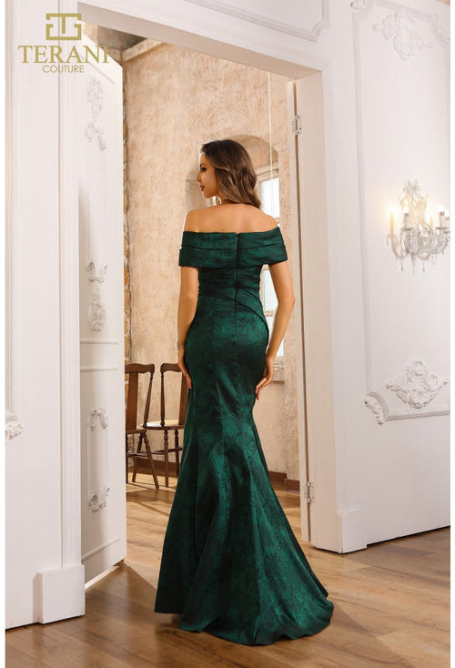 Terani Couture 251M4437 Formal Off-Shoulder Short Sleeve Evening Jacquard Dress