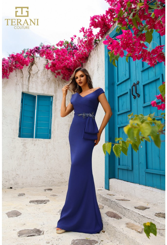 peplum evening dress Glamorous Evening Off-Shoulder Beaded Long Formal Satin Gown 251M4440 by Terani Couture