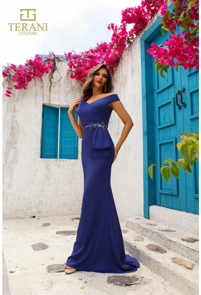 Terani Couture 251M4440 Beaded Applique Peplum Long Formal Evening Gown