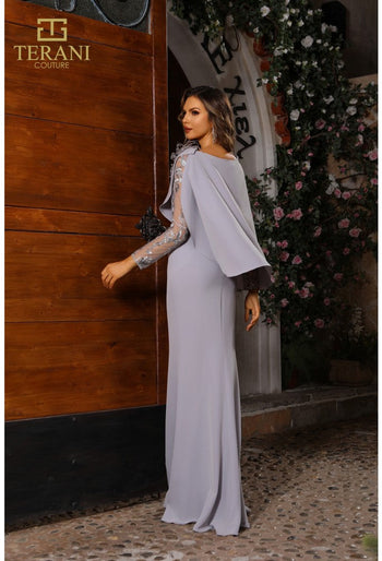 Terani Couture 251m4446 Assyemtric Sheath Long Full Sleeves Dress