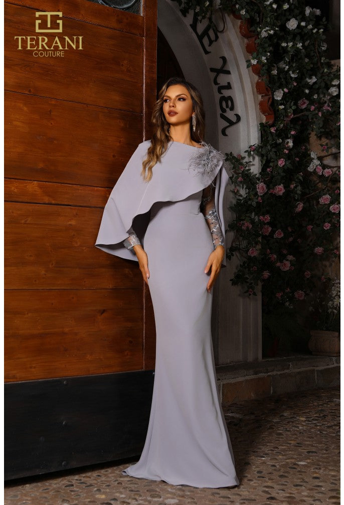 Terani Couture 251m4446 Assyemtric Sheath Long Full Sleeves Dress