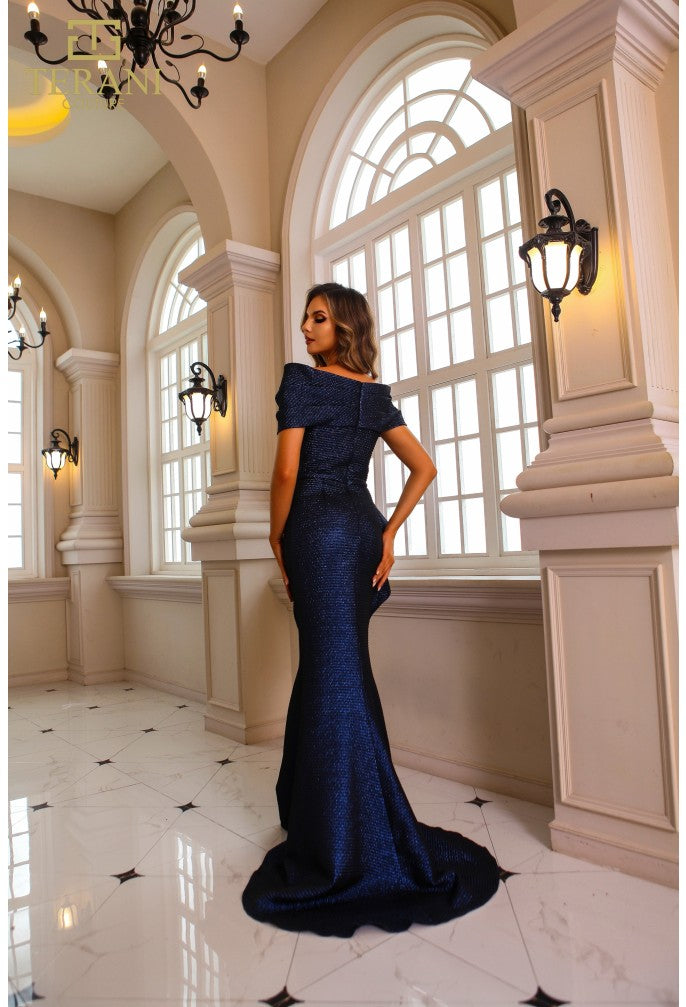 Terani Couture 251m4448 Vestido largo de corte trompeta con hombros descubiertos en jacquard metalizado
