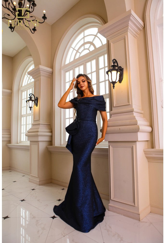 Terani Couture 251m4448 Vestido largo de corte trompeta con hombros descubiertos en jacquard metalizado