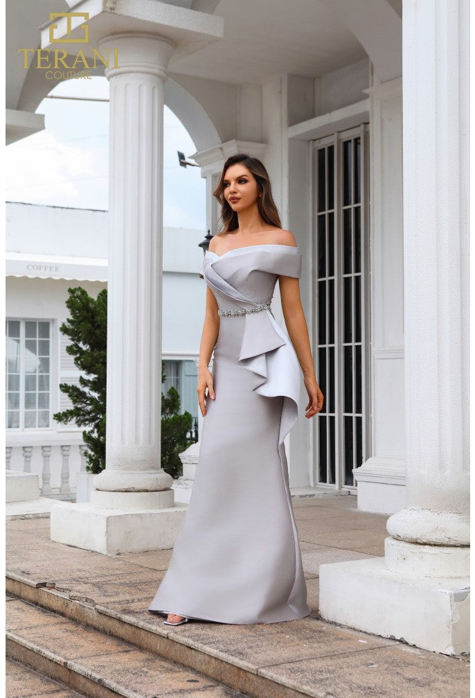 Vestido largo de corte trompeta en mikado con hombros descubiertos Terani Couture 251m4452 