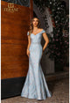 Terani Couture 251m4457 Vestido largo azul trompeta con hombros descubiertos en jacquard