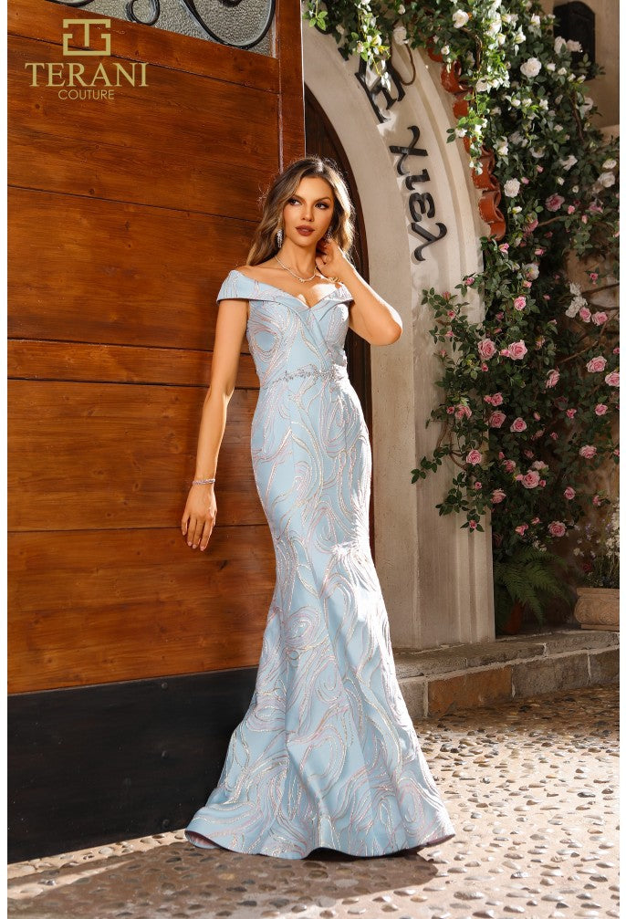 Terani Couture 251m4457 Vestido largo azul trompeta con hombros descubiertos en jacquard