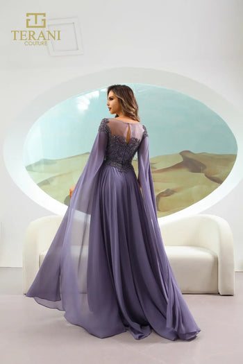 Terani Couture 251M4463 Vestido de noche formal largo con capa y cuentas, corte A