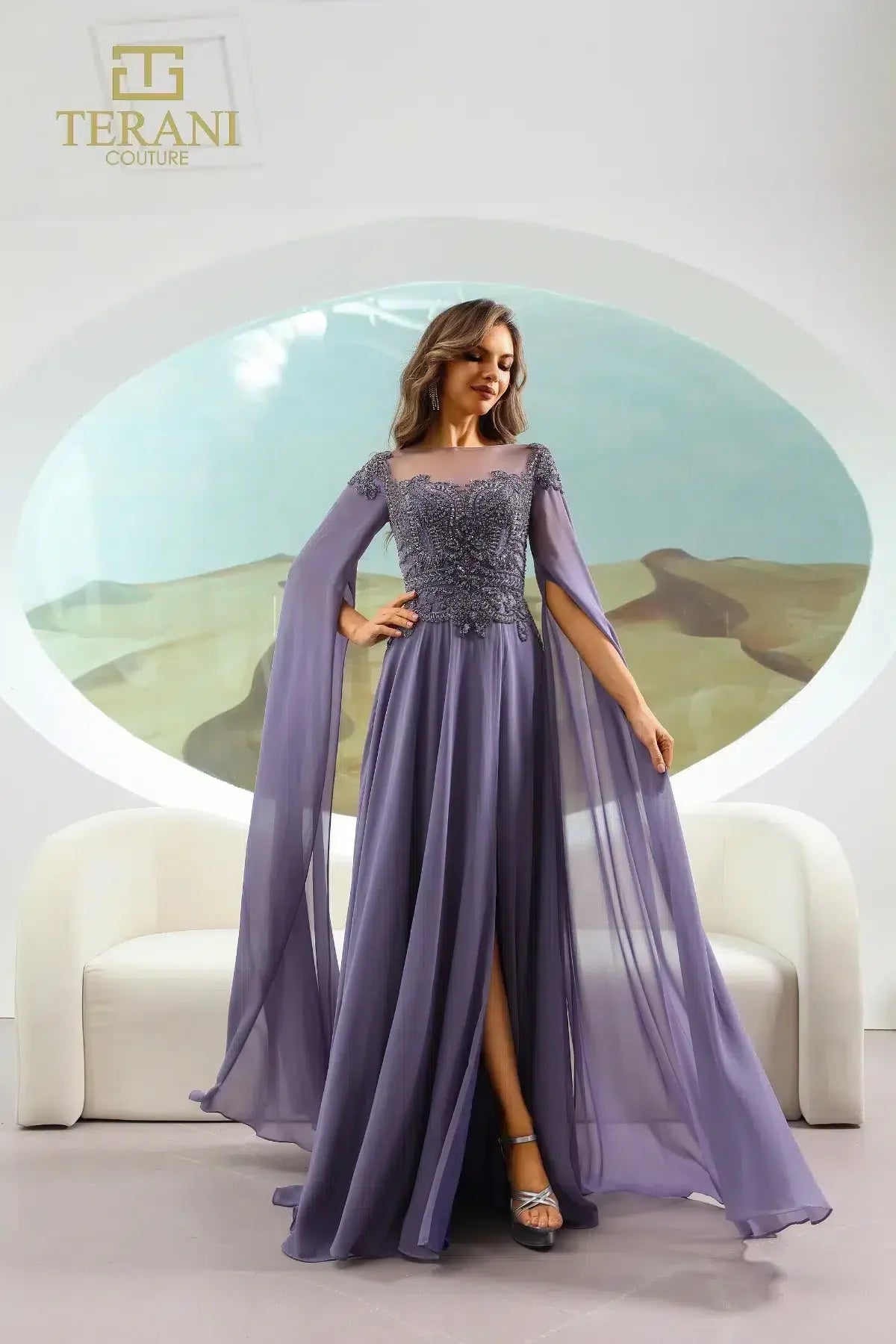 Terani Couture 251M4463 Vestido de noche formal largo con capa y cuentas, corte A