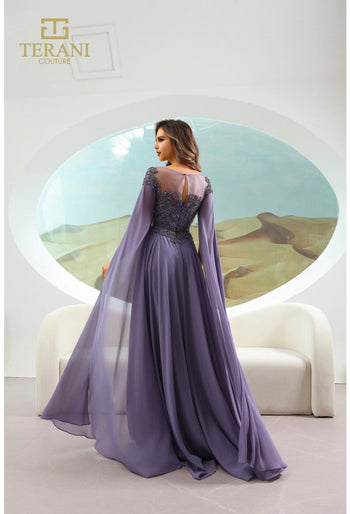 Vestido largo de gasa con escote ilusión, corte en A, color arándano, Terani Couture 251m4463
