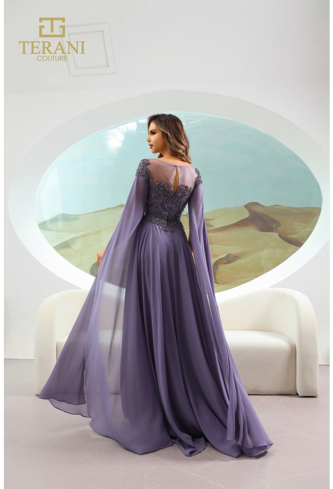 Vestido largo de gasa con escote ilusión, corte en A, color arándano, Terani Couture 251m4463