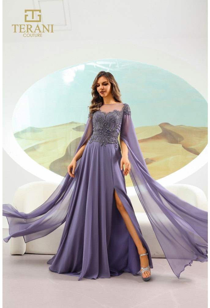 Vestido largo de gasa con escote ilusión, corte en A, color arándano, Terani Couture 251m4463