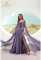Vestido largo de gasa con escote ilusión, corte en A, color arándano, Terani Couture 251m4463