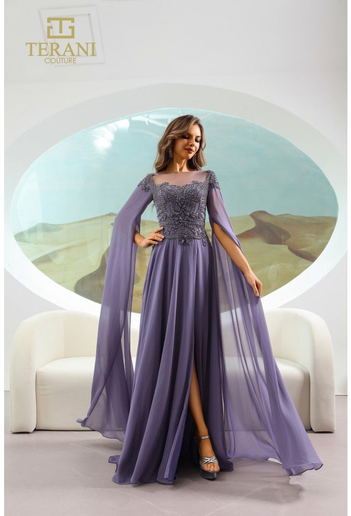 Vestido largo de gasa con escote ilusión, corte en A, color arándano, Terani Couture 251m4463
