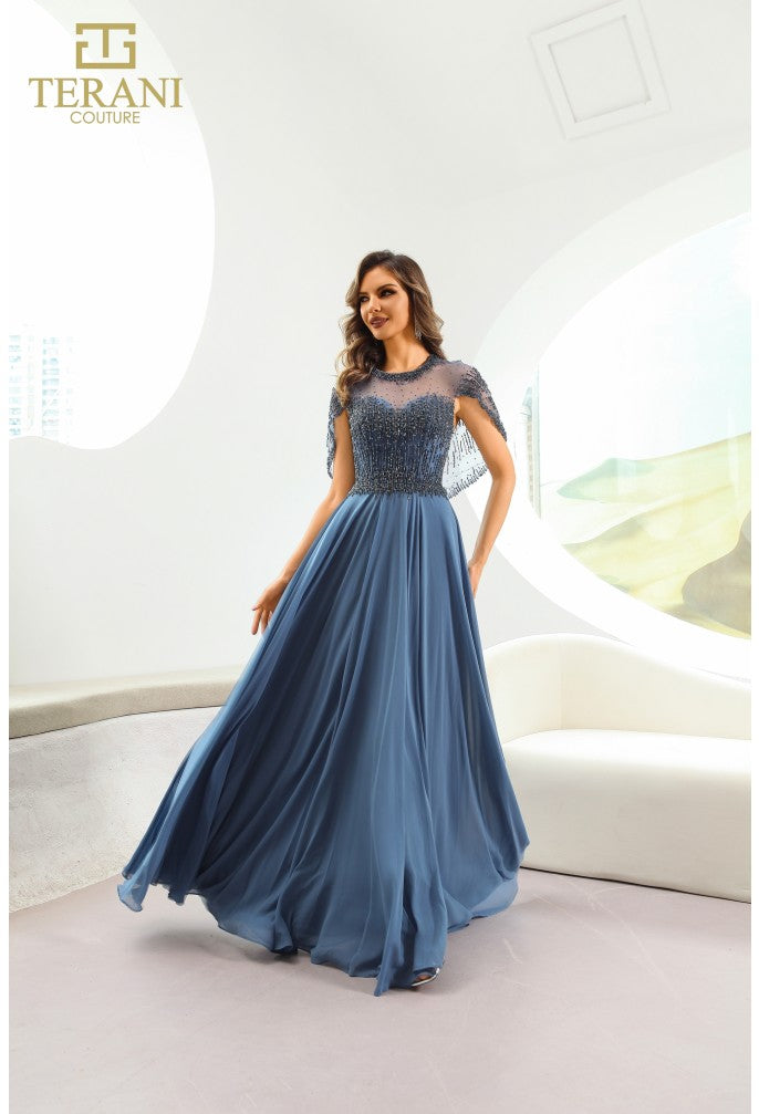 Vestido largo de gasa con escote ilusión Terani Couture 251m4563 