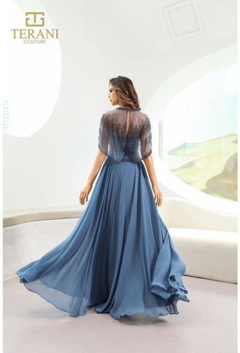 Vestido largo de gasa con escote ilusión Terani Couture 251m4563 