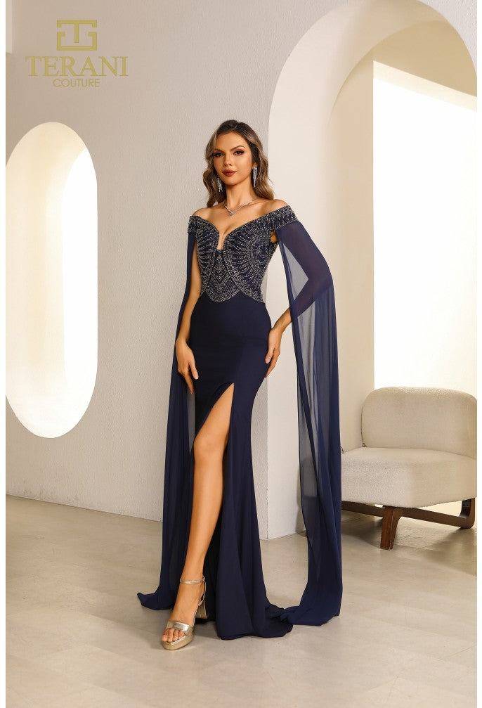 Terani Couture 251m4580 Bodycon Off The Shoulder Side Slit Long Dress