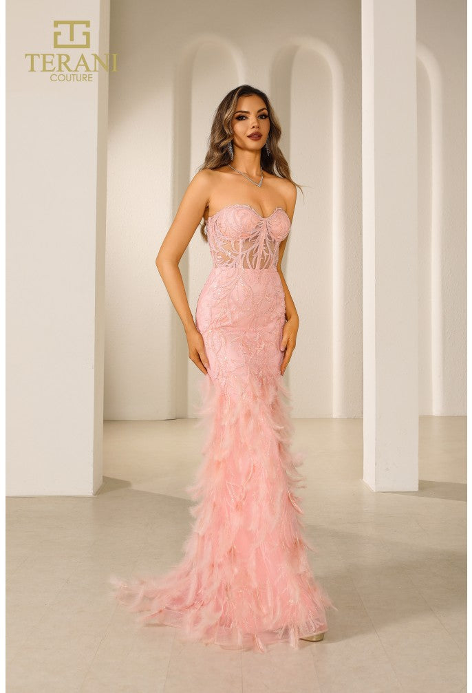 Terani Couture 251p4002 Vestido de fiesta largo ajustado con corsé sin tirantes