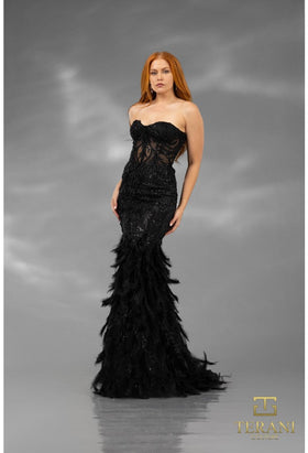 Terani Couture 251P4002 Elegant Formal Prom Strapless Evening Embroidered Tulle Dress