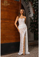 Vestido de fiesta largo ajustado sin tirantes color nude marfil Terani Couture 251p4008 