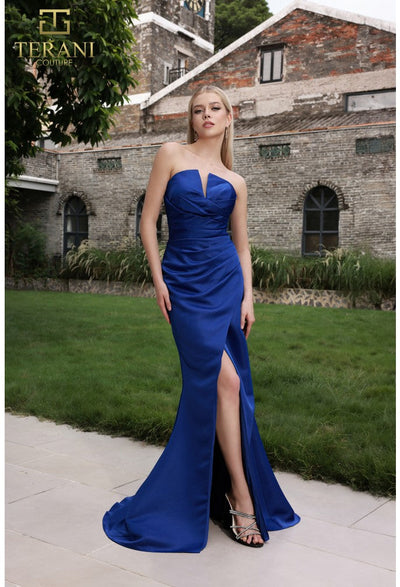 Prom Dresses Pleated Prom Long Slit Formal Dress Navy