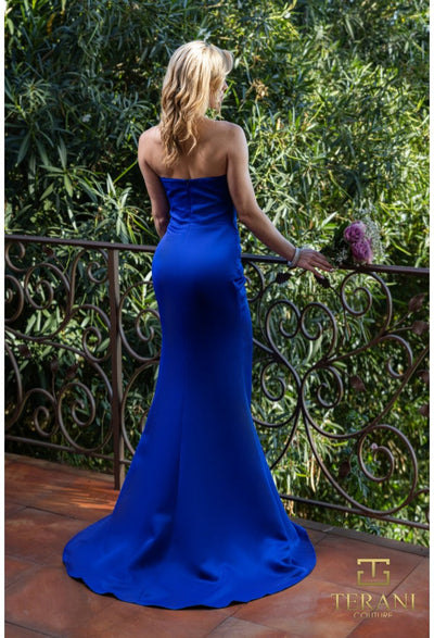 Terani Couture 251P4023 Elegant Asymmetrical Strapless Slit Formal Matte Satin Dress