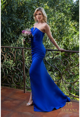 Terani Couture 251P4023 Elegant Asymmetrical Strapless Slit Formal Matte Satin Dress